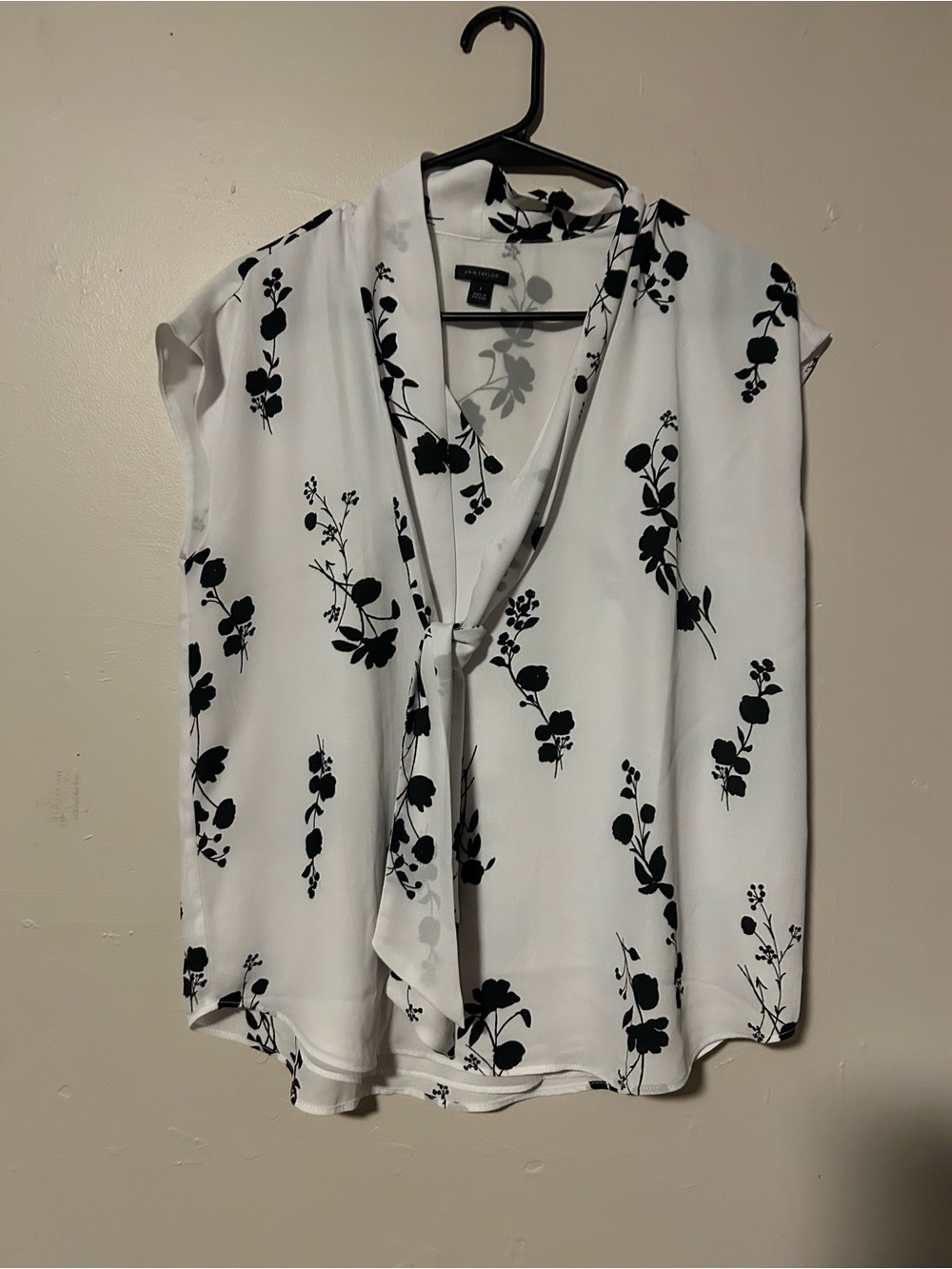 Ann Taylor White Blouse with Black Floral Tie Detail